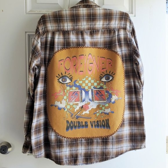 Upcycled Flannel Shirt Music Rock Band FOREIGNER -DOUBLE VISION Graphic Tee Back - Picture 1 of 5